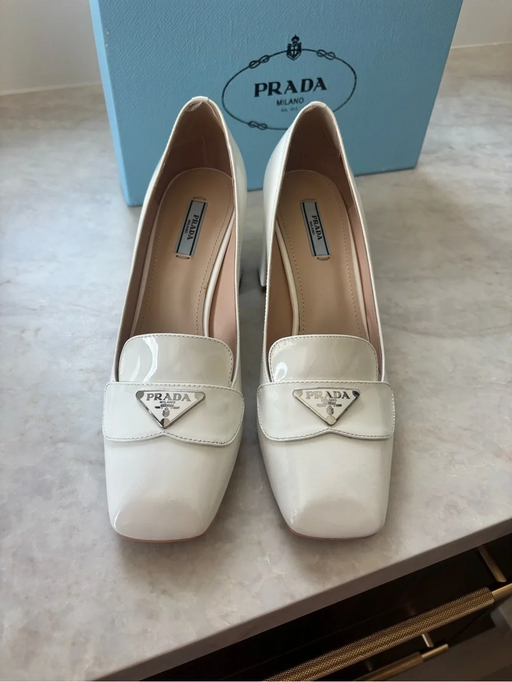 Prada Cream Patent Leather Mid Heel Loafers